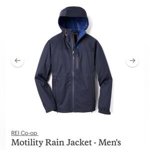 REI CO-OP Men’s Motility Rain Jacket, sz S, detachable hood, waterproof
